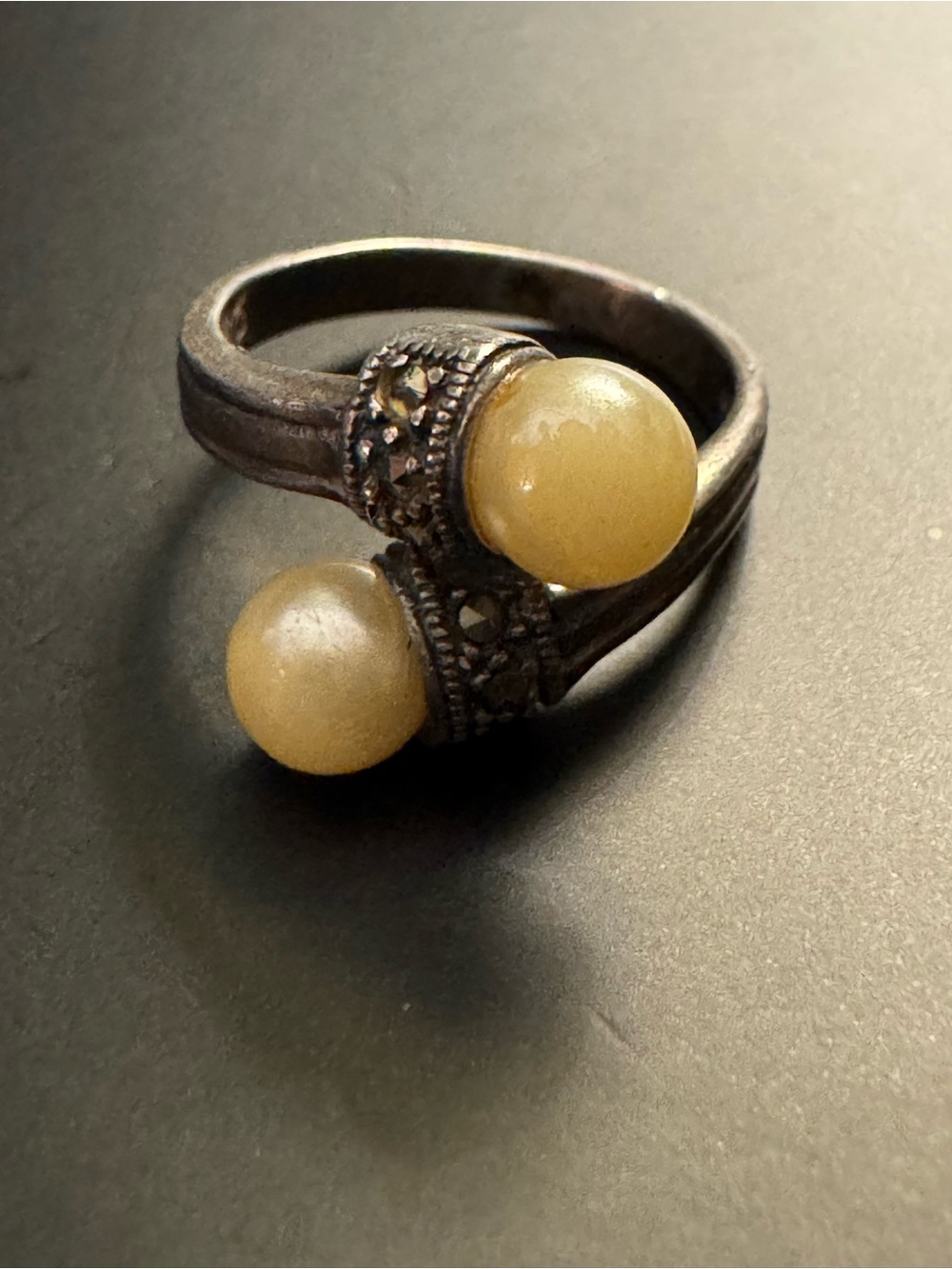 Vintage Charles Winston Sterling Faux Pearl Marcasite Bypass Ring - 5.5